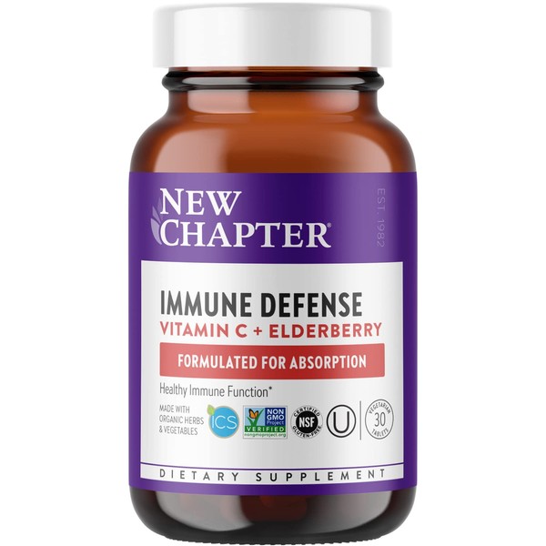 New Chapter® Vitamin C Immune Defense Supplement + Elderberry – Excellent Source of Vitamin C, One Daily Tablet for Healthy Immune Support, Made with Organic Herbs, Non-GMO, Gluten Free, 30 ct
