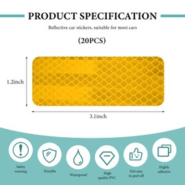 JUSTTOP 20PCS Reflective Tape Stickers, Night Visibility Car Safety Night Warning Sticker Reflective Decal, Outdoor Waterproof Reflective Strip Sticker for Bike Truck Motorcycle (Yellow)