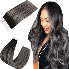 Easyouth #1B/Silver/1B Tape-In Real Hair Extensions, Ombre, Colour Off-Black Mix, Silver and Off Black, Tape-In Extensions, Real Hair, Balayage, 60 cm, 50 g