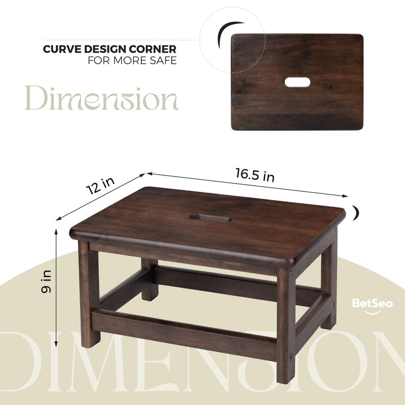 Wooden Step Stool (16.5" Dx12 Wx9 H) Bed Steps for