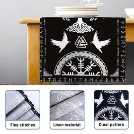 duisoad Table Runner, Black Viking Tree of Life Raven Helm of Awe Table Runner for Home Party, Wedding, Outdoor Event Decoration