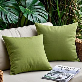 FEVERQIYI Outdoor Waterproof Grass Green Pillow Covers 22x22 for Patio Decorative Linen Textured Farmhouse Oversized Outdoor Pillow Cases Set of 2 for Spring Summer Season (No Inserts)