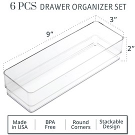 STORi SimpleSort 6-Piece Stackable Clear Drawer Organizer Set | 9" x 3" x 2" Rectangle Trays | Narrow Makeup Vanity Storage Bins and Office Desk Drawer Dividers | Made in USA