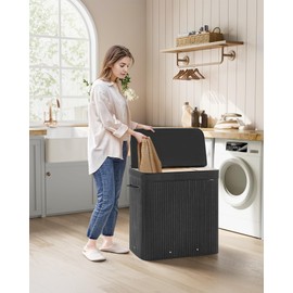 SONGMICS Laundry Hamper with Lid, Bamboo Laundry Basket, Removable Machine Washable Laundry Basket, with Handles, 39.6-Gallons, for Laundry Room, Bedroom, Bathroom, Ink Black ULCB062B01