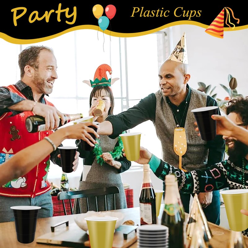 80 Pcs Black and Gold Plastic Cups- 16 oz Reusable