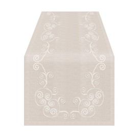 SARO LIFESTYLE 001.N1654B Augustina Collection Embroidered Swirl Design Linen Blend Table Runner, 16" x 54", Natural