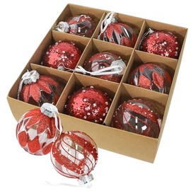 9 Christmas Baubles 8 cm, 3 Designs with Glitter, Available in 3 Colours (Red, Gold, Rose Gold) Elegant Semi-Transparent Decoration for Christmas Tree, Christmas Decoration, Plastic Christmas Tree