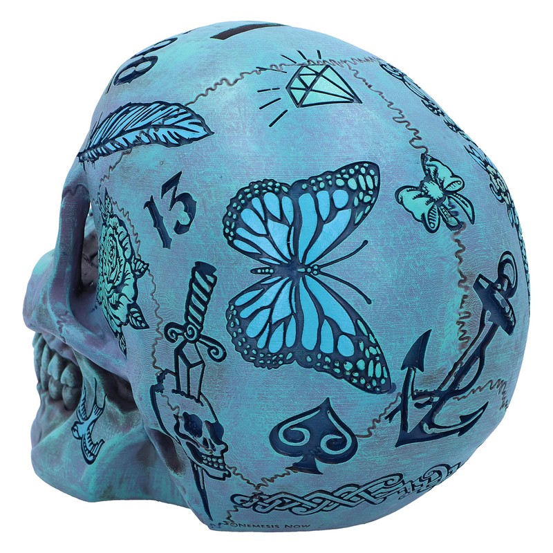 Nemesis Now Aqua Blue Traditional, Tribal Tattoo Fund Skull, Polyresin,