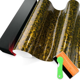 PET Marble Forged Carbon Fiber Textured Gloss Golden Yellow Vinyl Wrap Auto Car Sticker Decal Film Sheet Bubble Free Air Release Technology with Tool Set 1FTx5FT