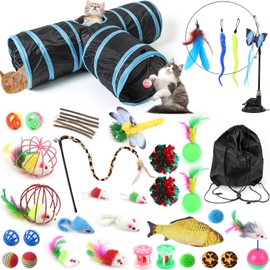 Interactive Cat Toy Set, Foldable Cat Tunnel, Angel Toy, 3-Way Play Tunnel for Cats, Rabbits, 39 Pieces, Cat Tangle Suction Cup, Round Tunnel, Cat Toys Accessories, Cat Activity