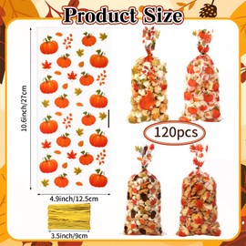 Fall Thanksgiving Treat Bags, 120 PCS Fall Cellophane Treat Bags, Thanksgiving Gift Bag, Plastic Autumn Pumpkin Maple Leaf Candy Cookie Goodie Gift Bag with Twist Ties for Falls Party Favors Supplies