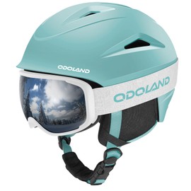 Odoland Ski Helmet with Ski Goggles for Skiing and Snowboarding, Adjustable Size, with Earmuffs for Men, Women and Teenagers, Light Blue, S