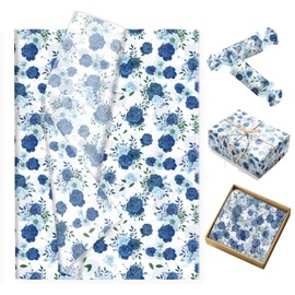 100 Sheets Blue Rose Wrapping Paper, Floral Gift Wrap Tissue, Decorative Filler Paper for Birthday Wedding or Party