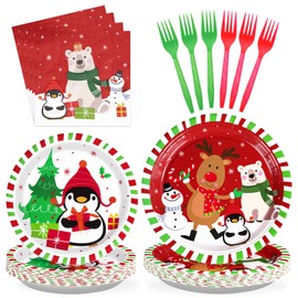 96Pcs Christmas Party Supplies 350GSM Cartoon Reindeer Penguin Snowman Christmas Paper Plates and Napkins Disposable Holiday Plates Dinnerware Set for Xmas Party Holiday Christmas Decorations Serves24