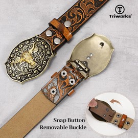 TRIWORKS Men's Western cowboy belt Classic embossed leather belts with Printed Engraved Buckle