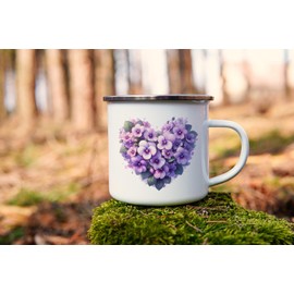 MAXIKIWI Langlebige Emaille-Kaffee- oder Tee-Camping-Tasse für drinnen und draußen, Herzblumen-Motiv, 2–350 ml