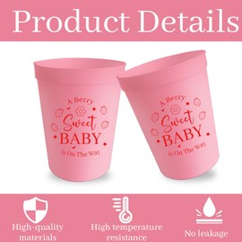 Usumz Berry Sweet Baby Plastic Cups, 16oz Pink Strawberry 1st Birthday Reusable Cups, A Berry Sweet Baby Is on the Way Decorations Drinkware, Strawberry Shortcake Baby Shower Birthday Supplies 12 Pcs