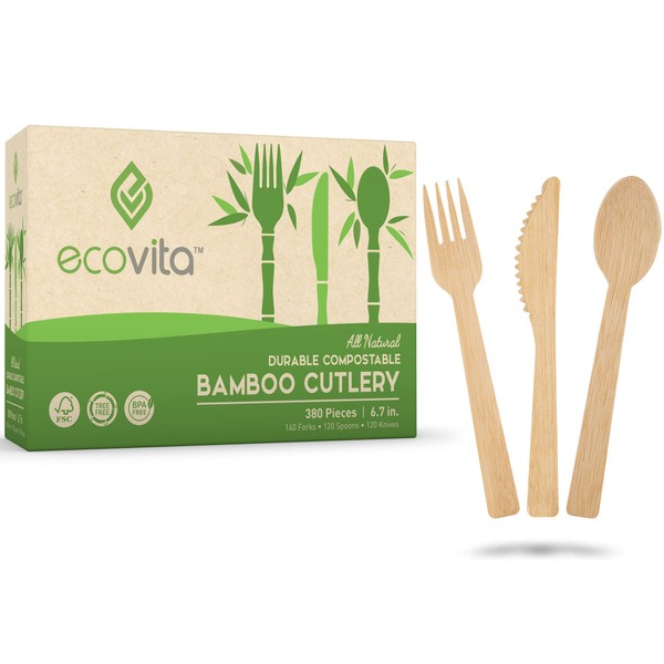 100% Bamboo Forks Spoons Knives Cutlery Combo Set - 380 Large Compostable Disposable Utensils (7 in.) Eco Friendly Durable and Tree Free Alternative to Wooden Silverware with Convenient Tray