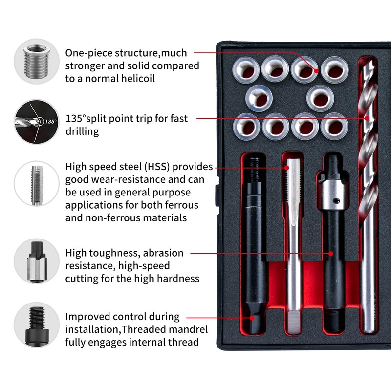 SENNMONN M8X1.0 Thread Repair Kit with Insert HSS Drill, Tap,