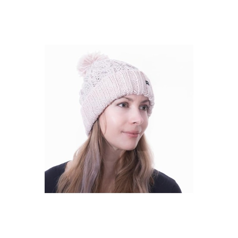 Cable Knit Bobble Pom Beanie Hat Pink Silver Sequins CRAGGI