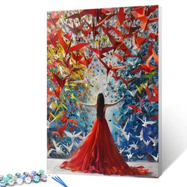 Thousand Paper Cranes Painting Fashion Woman in Red Dress Paint by Number Kits 16 x 20 inch Canvas DIY Female Model Oil Painting for Kids Adults Beginner with Brushes and Acrylic Home Decor(Frameless)