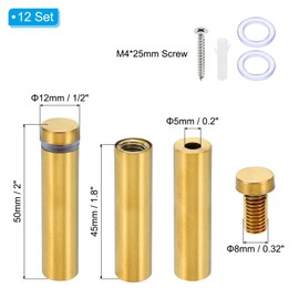 PATIKIL 1/2 x 2 Inch Sign Standoff Screws, 12 Set Stainless Steel Wall Standoff Mounting Hardware Advertising Glass Nail for Hanging Acrylic Picture Frame Acrylic Panel, Gold