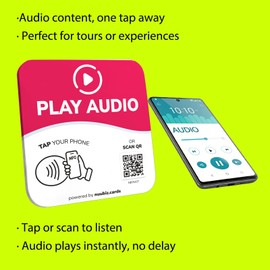 NFC Business QR Code Sign Plate for Playing Audio – Drive Offline Engagement Online – Works Like Review Tap Card & Social Media Sign – No App or Fees – Includes Stand or Adhesive
