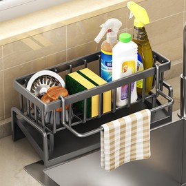 BRYN Sink Organiser, Carbon Steel Sponge Holder Kitchen with Dish Cloth Holder, Kitchen Sink Organiser with Drain Pan, for Kitchen Accessories, Sponge, Brush, Dish Soap, Bathroom (Grey)