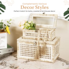 AEDGS Set of 2 - Handwoven Rattan Decorative Boxes with Glass Lids, Handcrafted Wicker Storage Boxes - Stylish, Functional and Stackable Woven Box Decor for Home Organizers