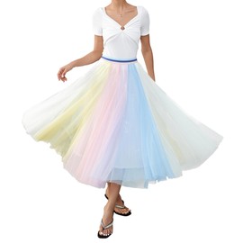 Women Pleated Long Tulle Skirt High Elastic Waist Swing Casual Midi Skirt, 31sequins Light Rainbow, Medium