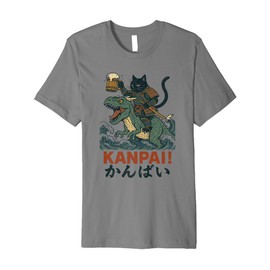 Samurai Cat on Tyrannosaurus rex. | Retro Japanese Vibes Premium T-Shirt