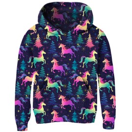 Little Girls Colorful Purple Galaxy Hoodies for Kids 3D Printed Green Horse Pullover Sweatshirts With Pocket 4 5 6 Years Old Boys Casual Loose Sports Shirt Sweater Children Winter Hoody Clothes