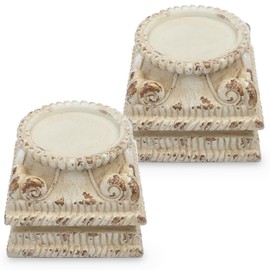 BrightRow 2 Pcs Pedestal Stand for Decoration Display Distressed Vintage Column Stand White Embossed Plant Candle Pedestal Small Classic Plinth Base for Party Wedding Home Decorative Table Centerpiece