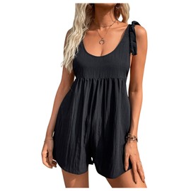 SOLY HUX Women's Sleeveless Tie Knot Shoulder Rompers Casual Scoop Neck Overall Flowy Shorts Jumpsuits Solid Black Large