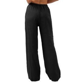 Amazhiyu Womens Pure Linen Summer Drawstring Flowy Wide Leg Pants with Pockets Black, Medium