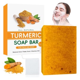 1 Pcs Jabón Turmeric Soap, Jabón de Cúrcuma y Ácido Kójico,Hidratación Profunda, Iluminador de Piel, Reduce Manchas Oscuras y Acné, Suave para Piel...