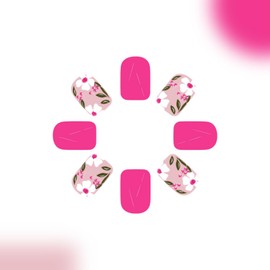 Flower Press on Nails Short Square Fake Nails Pink False Nails Spring Summer Glossy Full Cover Acrylic Nails Cute Floral Glue on Nails Shiny Artificial Stick on Nails for Women Manicure 24 Pcs