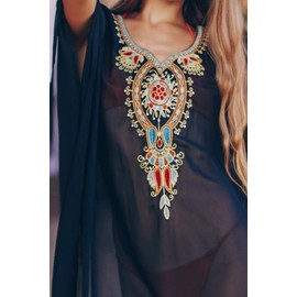 L-Peach Women's Floral Print Kaftan Long Dress Beach Dress Pareo Cover Ups One Size - Black Embroidery Maxi