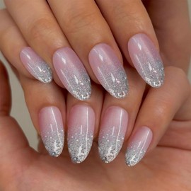 IQXGE Pink Acrylic Press on Nails Almond Medium Acrylic Nails Press Ons Full Cover Glue on Fake Nail with Silver Glitter Designs Artificial Stick on False Nail for Women and Girls