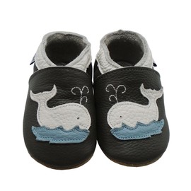 Mejale Cartoon Soft Sole Leather Baby Crib Shoes Infant Toddler Pre-Walkers Moccasins(Dark Gray, Whale, Sole Length 5.5 inch/12-18 Months)