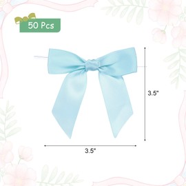 MECCANIXITY 50 Pcs Pre-Tied Bows Satin Ribbon Bows 3.5" Twist Ties Gift Bows for Craft DIY Candy Bags Christmas Wedding Decor Party Treat Bags Light Blue