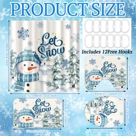 Drydiet 4 Pcs Christmas Snowman Shower Curtain Sets with Non Slip Rugs Toilet Lid Cover Bath Mat and 12 Hooks Let It Snow Blue Winter Snowman Bathroom Decor Xmas Snowflake Shower Curtain for Bathroom
