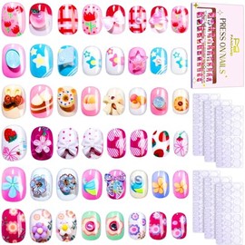 FANDAMEI Girls Press on Nails, 6 Styles 144PCS Press on Nails for Kids, Nails for Little Girls, Kids Fake Nail Ste with 3D Nail Charms and Gems, Adhesive Tabs