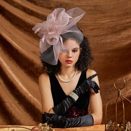 LATIMOON Pink Fascinator Hat for Women Girls Tea Party Elegant Kentucky Derby Hat Feather Headband for Wedding Party