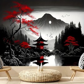 FENDROM Japanese Watercolor Black And Red Sun Tapestry, Asian Anime Mount Fuji Cherry Blossom Decorations Nature Landscape Wall Hanging for Bedroom Living Room Home Decor