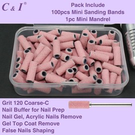 C & I 100pcs Small Sanding Bands & 1pc Slim Mandrel Nail Drill Bit Set Acrylic Gel Remove False Nails Shaping Cuticle Care Nail Prep Efile Nail Supplies for Nail Salon (Pink, 120 Coarse-C)