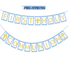 SONSIL First Holy Communion Banner,Baptism decorations for Boys & Girls,First Communion Confirmation Supplies (Blue)