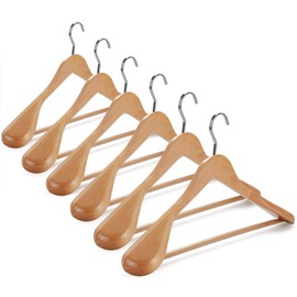 TOPIA HANGER® Set of 6 Luxury Natural Wooden Coat Hangers, Premium Wood Suit Hangers, Glossy Finish with Extra-Wide Shoulder, Thicker Chrome Hooks & Anti-Slip Bar CT02N