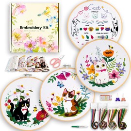 4-Piece Cat Embroidery Kit for Beginners, Needle Point Kit Adults Beginner
