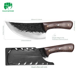 FULLHI Multi-color Wood Handle Full Tang Heavy Meat Cleaver with Sheath, High Carbon Steel Chef Meat Slicing Kitchen Knife for Outdoor Cooking, Camping BBQ (Brown, 6.85inch)